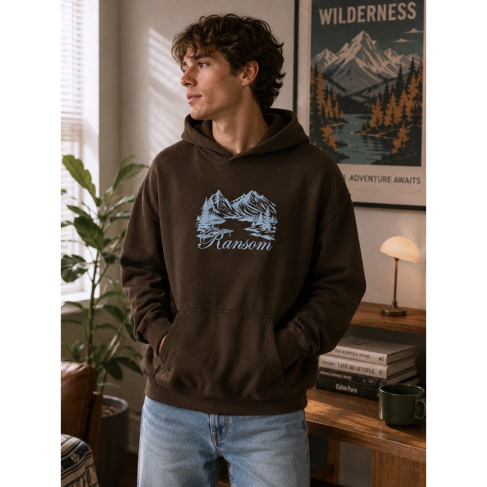 Ransom Brown Mountain Graphic Hoodie Mens Large Away From The City Streetwear